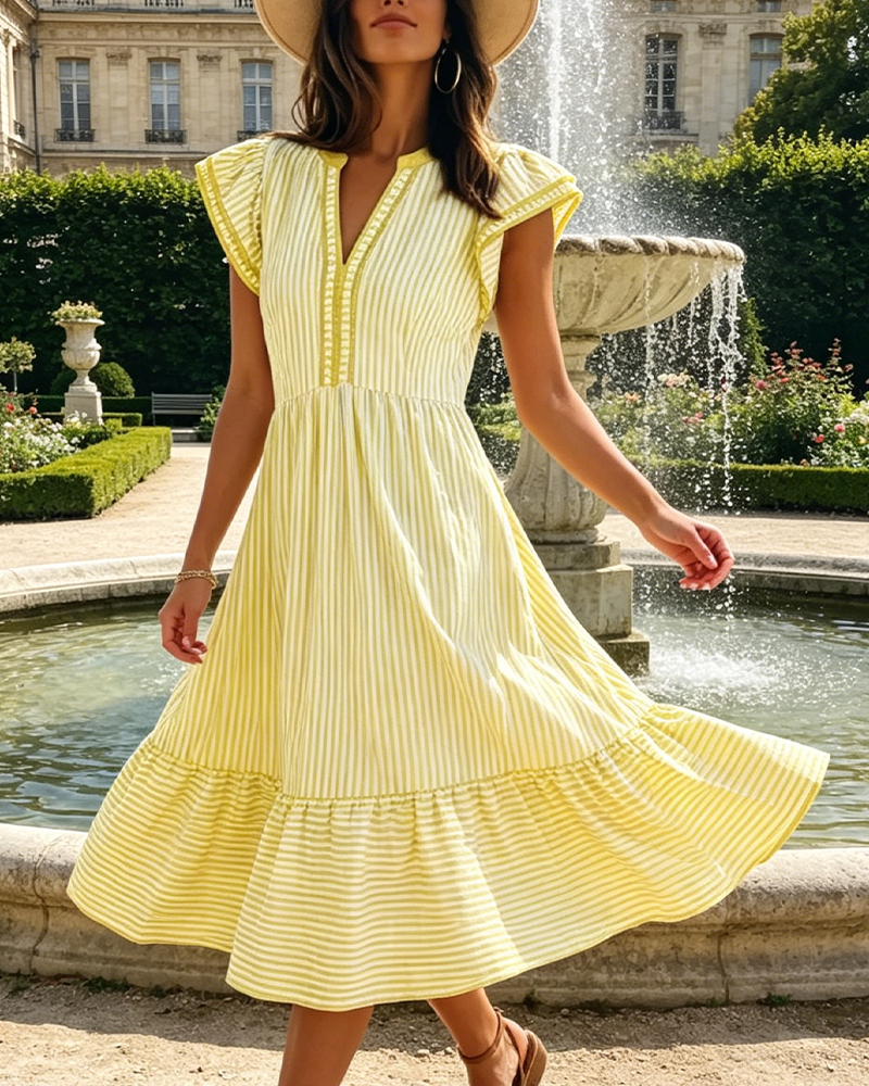 Striped Double Ruffle Short Sleeve Dress