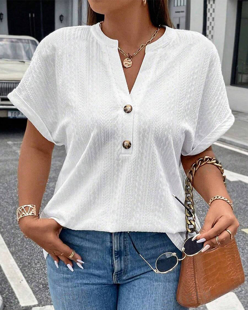 Solid color V-neck short-sleeve buttoned casual top blouses & shirts summer