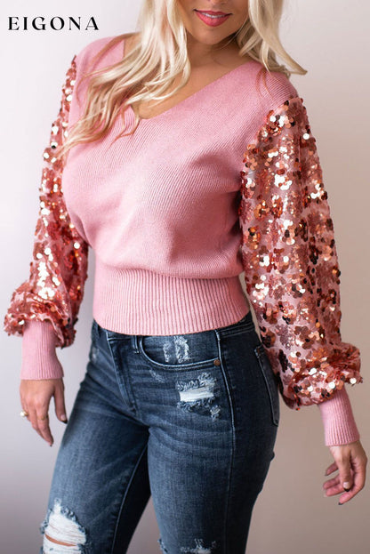 Pink Contrast Sequin Sleeve V Neck Ribbed Knit Sweater All In Stock clothes Color Pink Craft Sequin Day Valentine's Day Fabric Ribbed long sleeve shirt long sleeve shirts long sleeve top long sleeve tops Occasion Daily Print Solid Color Season Fall & Autumn shirt shirts Style Southern Belle Sweater sweaters Sweatshirt top tops