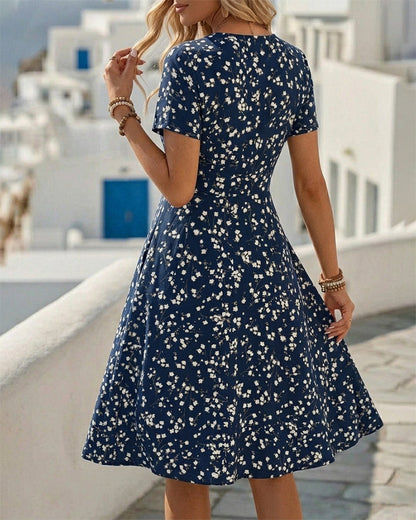 V-Neck Button Waist-Cinched A-Line Dresses