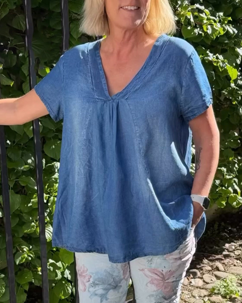 Loose-Fit V-Neck Denim Blouse