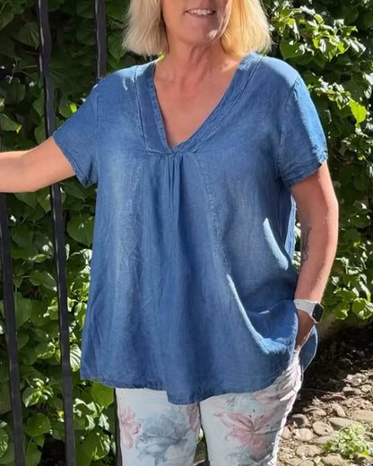 Loose-Fit V-Neck Denim Blouse