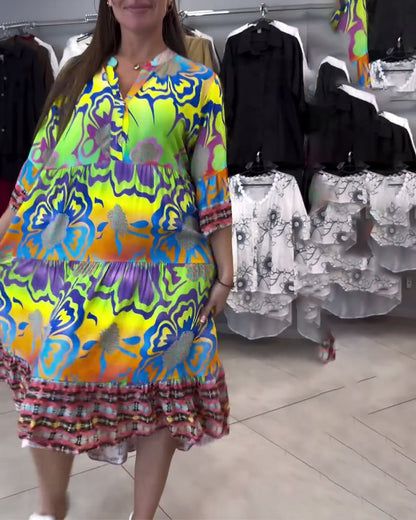 Abito casual bohémien stampato con scollo a V