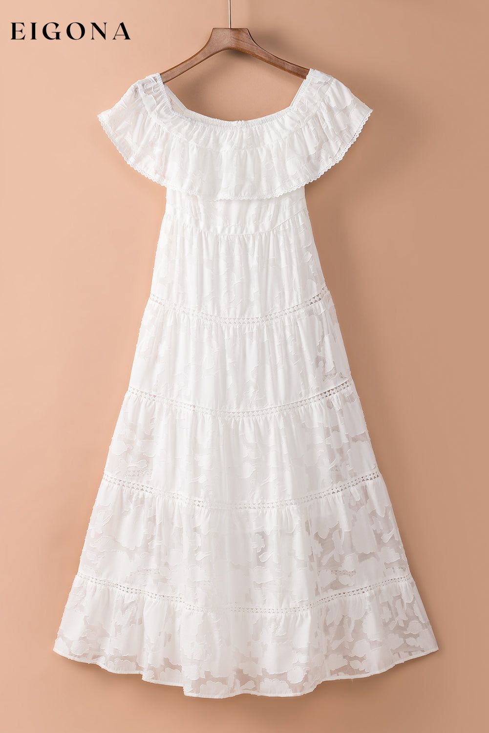 White Off-the-shoulder Ruffled Lace Maxi Dress clothes dress dresses Fabric Lace Lace maxi dress midi dress midi dresses Occasion Wedding Season Summer
