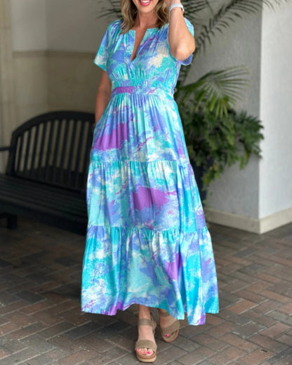Short Sleeve Pleated Tie-Dye Dress casual dresses spring summer vacation dresses