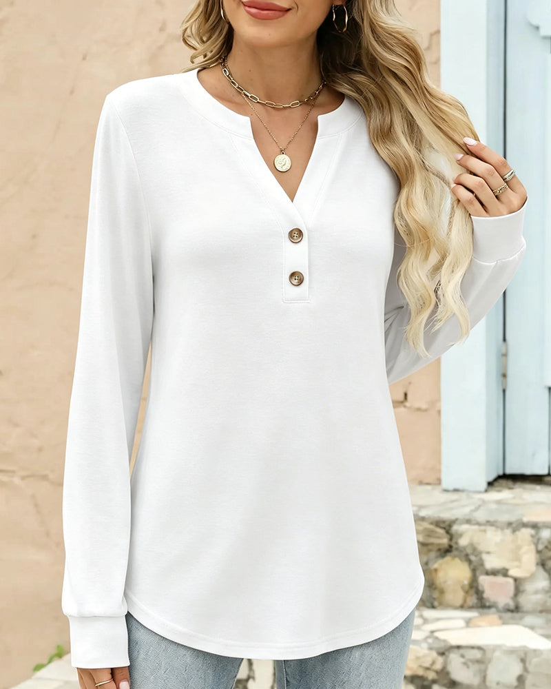 V-Neck Button Long Sleeve Solid Top 2024 f/w tops