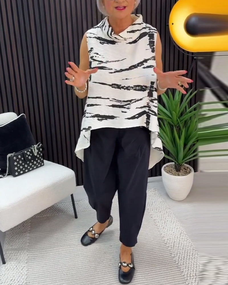 Ink Wash Painting Print Mandarin Collar Sleeveless Blouse