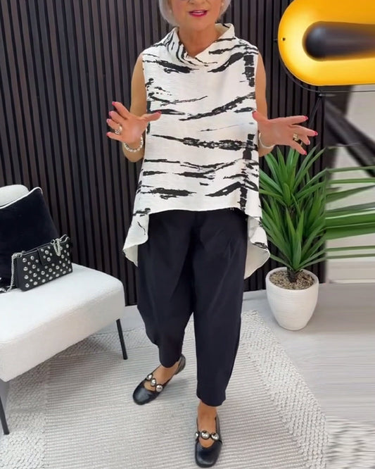 Ink Wash Painting Print Mandarin Collar Sleeveless Blouse