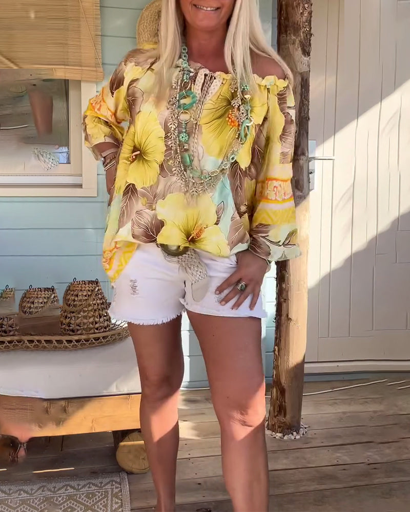 Schulterfreie Bluse mit Resort-Print