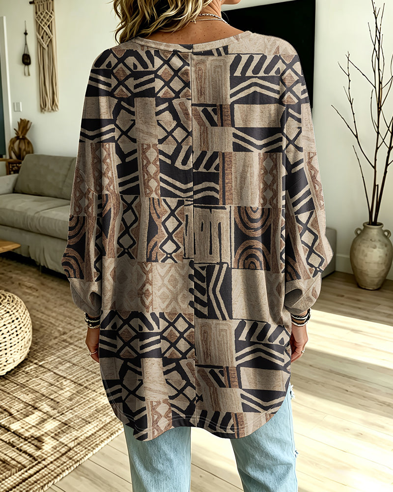 V-Neck Three-Quarter Sleeve Print Loose Top