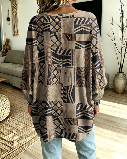 V-Neck Three-Quarter Sleeve Print Loose Top