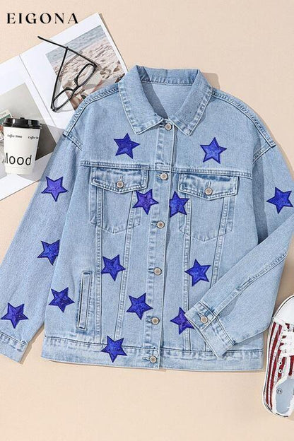 Pocketed Geometric Collared Neck Denim Jacket clothes Ship From Overseas SYNZ