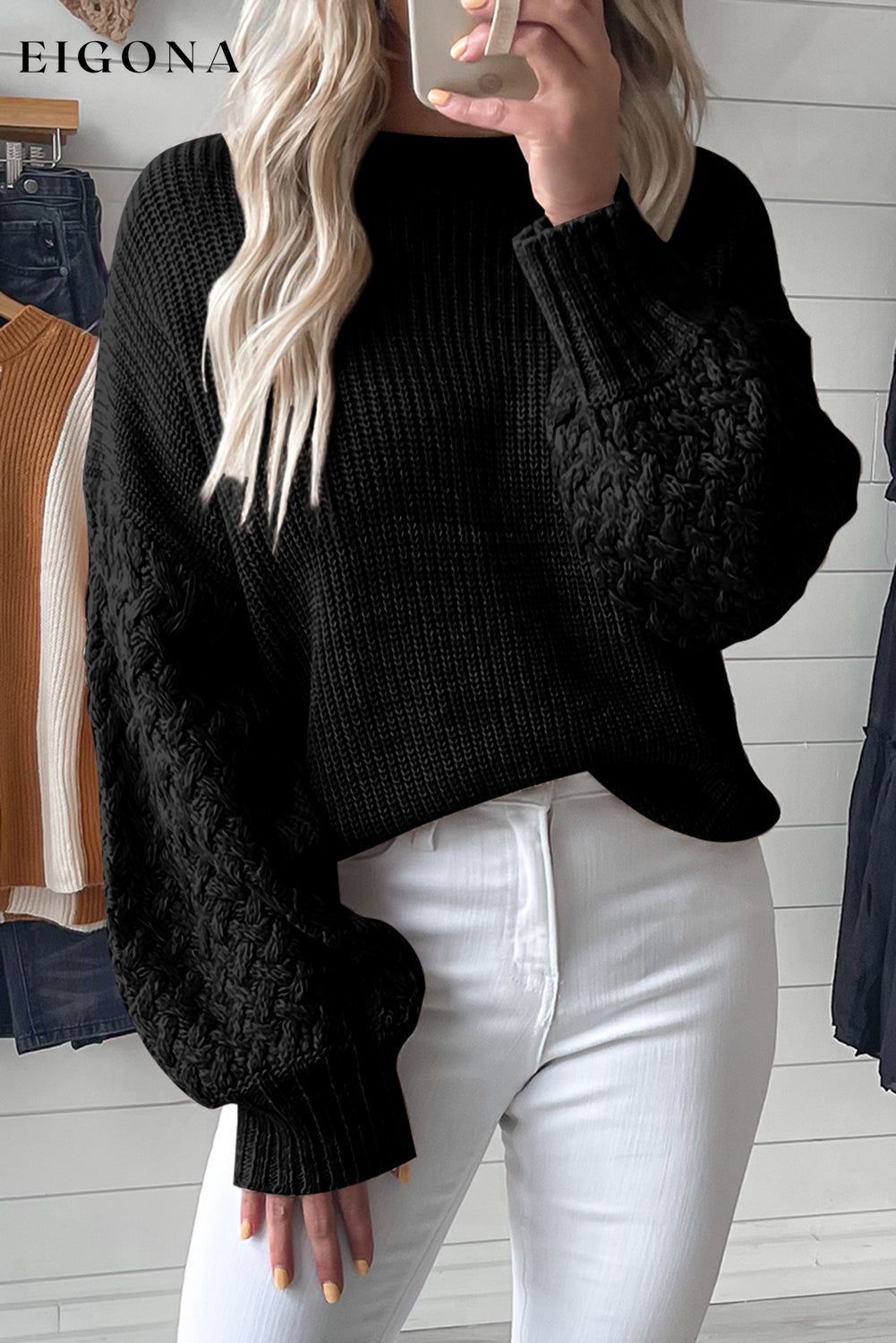 Black Cable Knit Sleeve Drop Shoulder Sweater Black 100%Acrylic clothes Sweater sweaters Sweatshirt