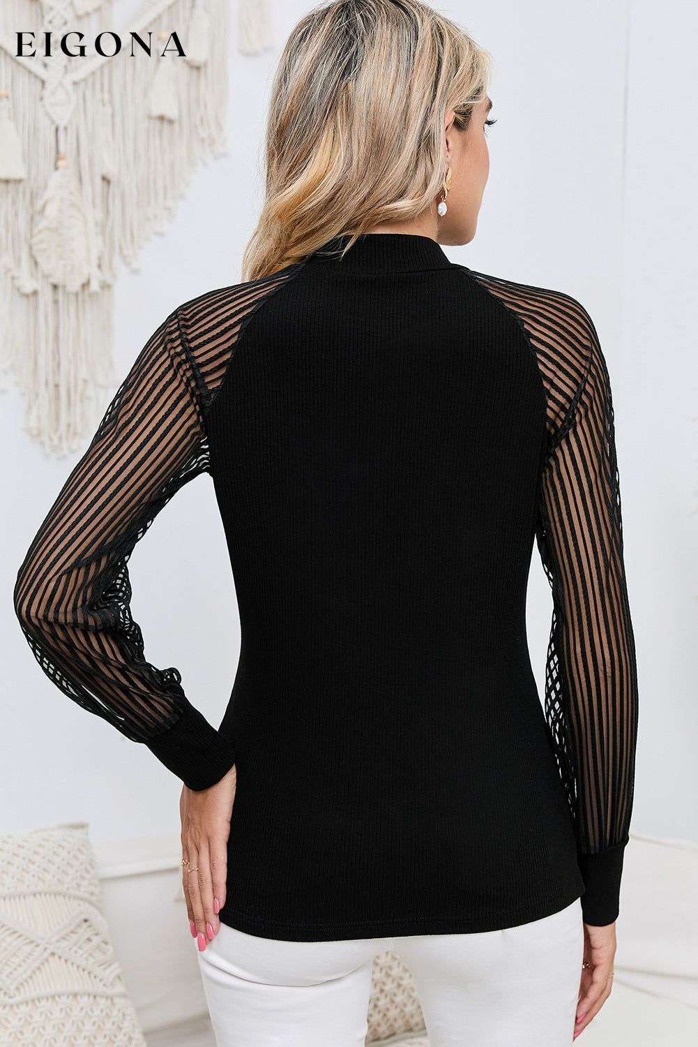 Round Neck Semi-Sheer Long Sleeve Black Blouse clothes long sleeve shirts long sleeve top Ship From Overseas shirt shirts SYNZ top tops