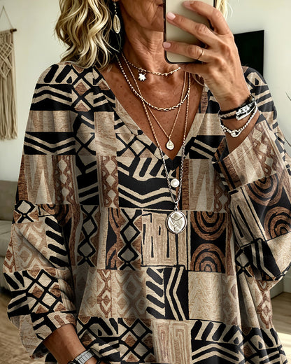 V-Neck Three-Quarter Sleeve Print Loose Top