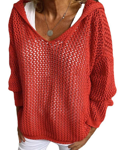 Dames Crochet Hollow Out Hooded Long Sleeve Tops