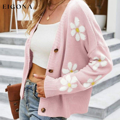 Floral Ribbed Trim Drop Shoulder Cardigan cardigan cardigans clothes Ship From Overseas sweater sweaters Yh