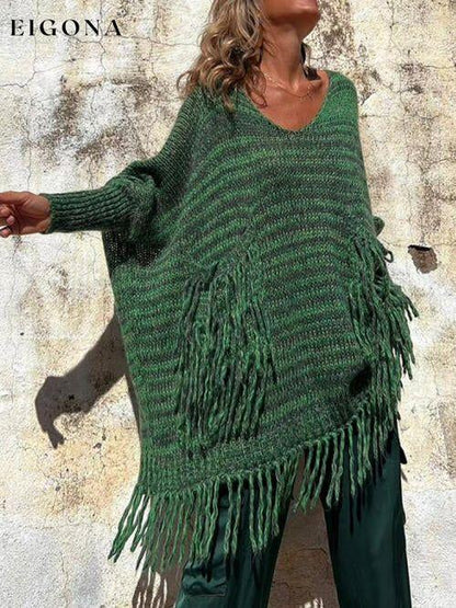 Fringe Detail Long Sleeve Sweater with Pockets Green A@Y@M clothes Ship From Overseas Sweater sweaters Sweatshirt