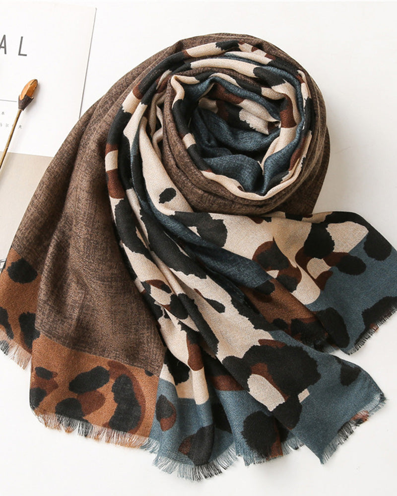 Women's Leopard Patchwork Print Fringe Shawl Scarf 2024 f/w accesories spring summer