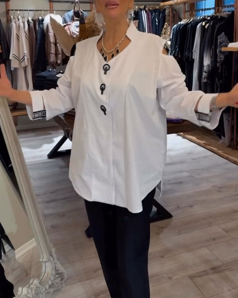 Camicetta a maniche lunghe con contrasto e spalle scoperte