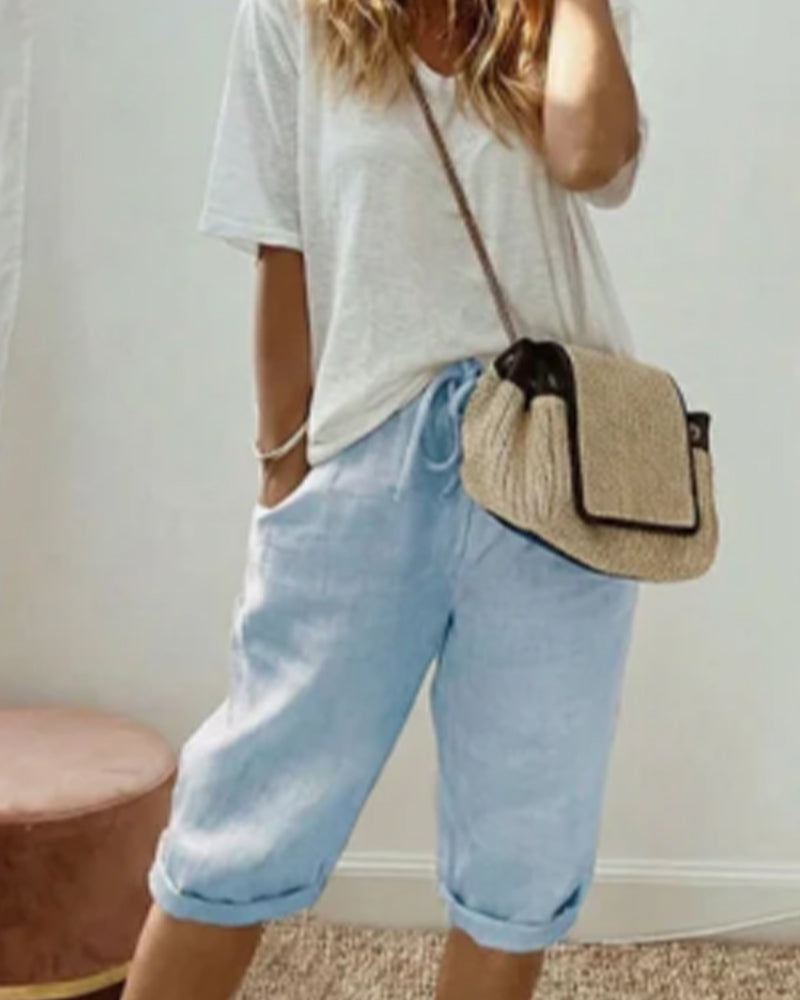 Solid color drawstring comfortable trousers