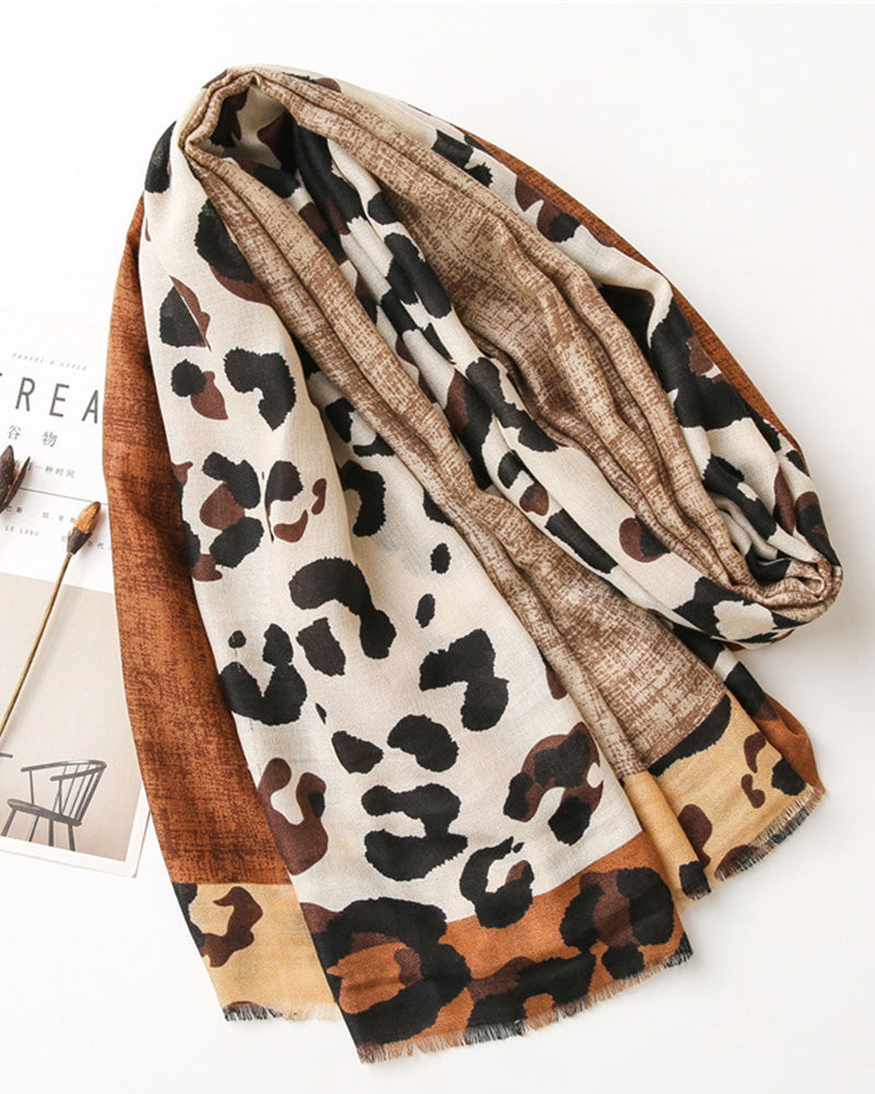 Women's Leopard Patchwork Print Fringe Shawl Scarf 2024 f/w accesories spring summer