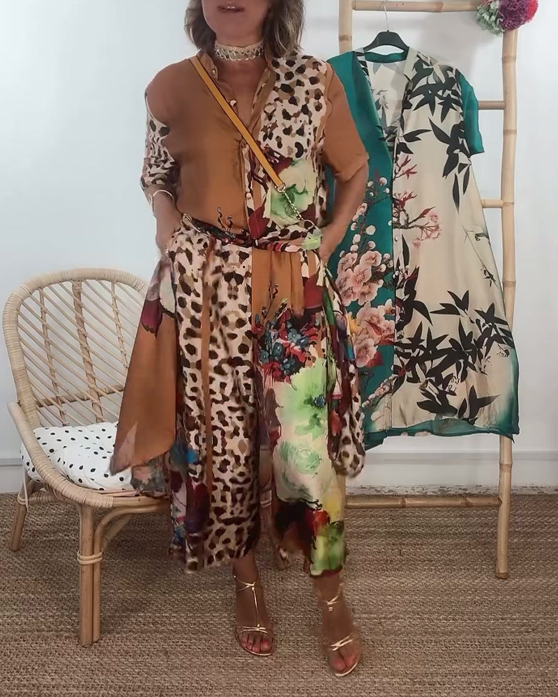 Retro fashion contrasting print two-piece set