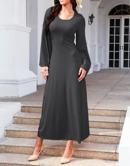 Tie Back Ribbed Round Neck Long Sleeve Dress Charcoal casual dresses clothes dresses long sleeve dress long sleeve dresses maxi dress Ship From Overseas Y&M