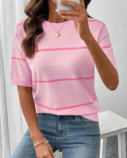 Stripe Contrast Color Short Sleeve Knit Pullover