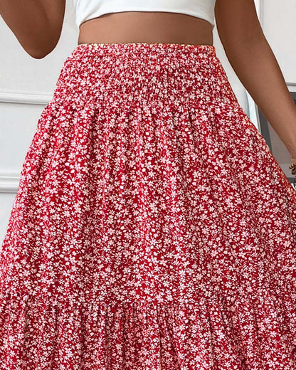 Layered Tiny Flower Print A-Line Long Skirt
