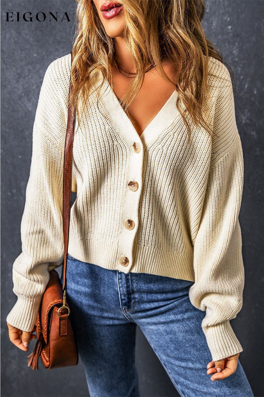 Beige Plain Knitted Buttoned V Neck Cardigan Beige 60%Cotton+40%Acrylic All In Stock cardigan cardigans clothes DL Chic DL Exclusive Occasion Daily Print Solid Color Season Winter Style Casual sweater sweaters Sweatshirt