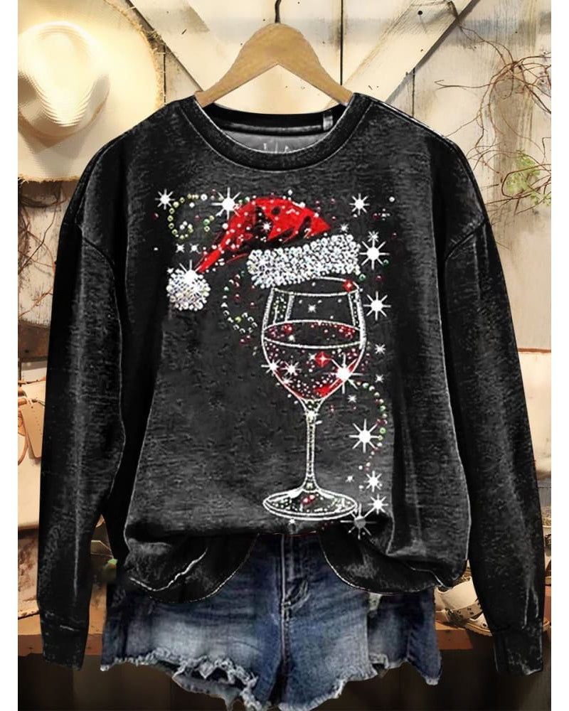 Women's Vintage Christmas Wine Glasses Art Prints Casual Sweatshirt 2024 F/W Christmas hoodies & sweatshirts women's christmas