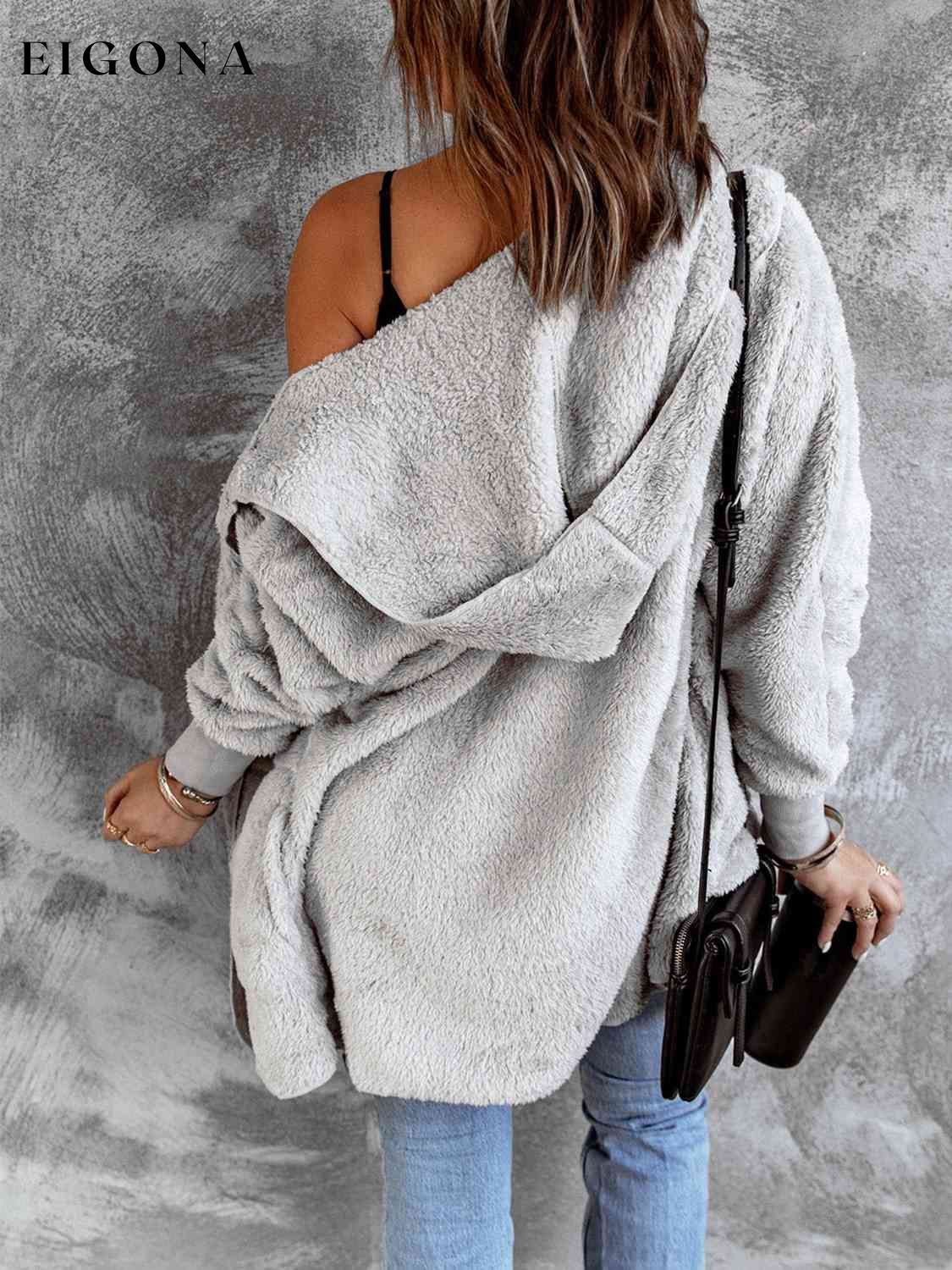 Open Front Hooded Faux Fur Outwear with Pockets