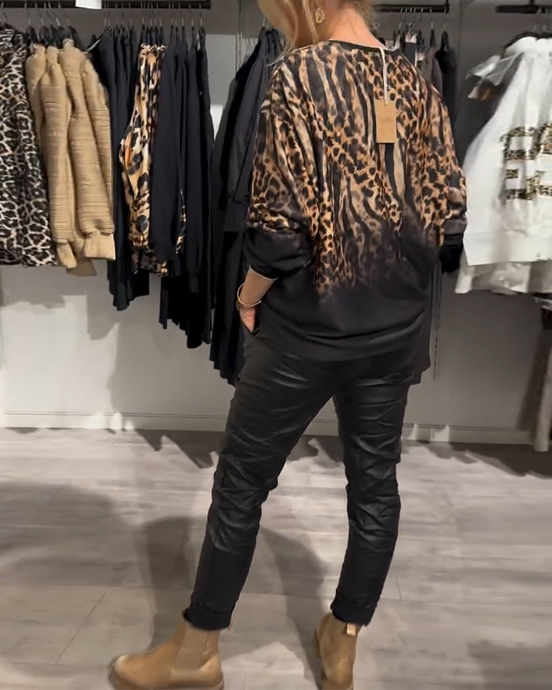 Casual leopard print round neck blouse