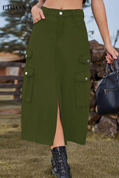 Slit Front Midi Denim Skirt with Pockets Army Green clothes Manny Ship From Overseas Shipping Delay 10/01/2023 - 10/03/2023 trend