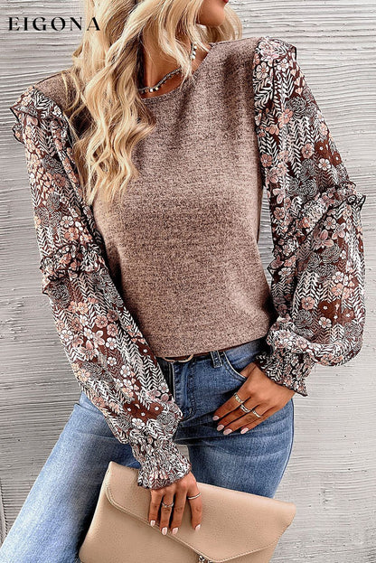 Pale Chestnut Ruffle Tiered Floral Sleeve Crew Neck Blouse All In Stock clothes Detail Ruffle Hot picks long sleeve shirt long sleeve shirts long sleeve top long sleeve tops Occasion Daily Print Floral Season Winter shirt shirts Style Elegant top tops Tops/Blouses