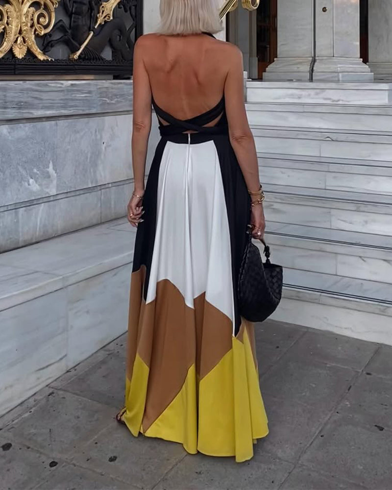 Abito lungo sexy con stampa a contrasto e scollo a V profondo