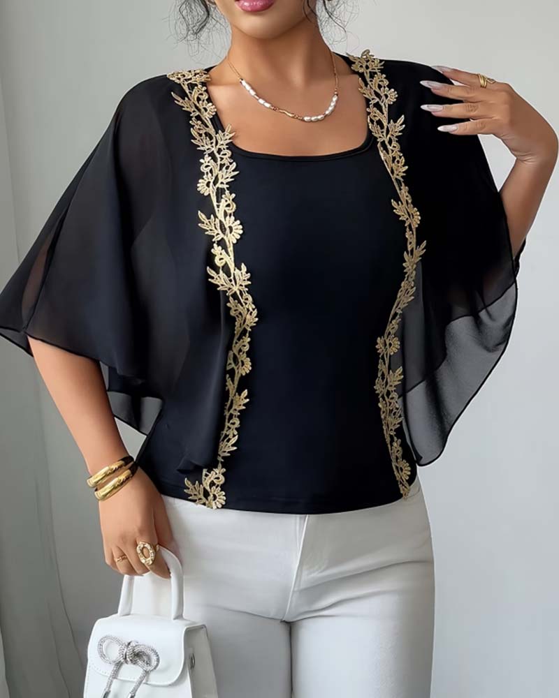 Batwing Sleeve Fake Two-Piece Blouse