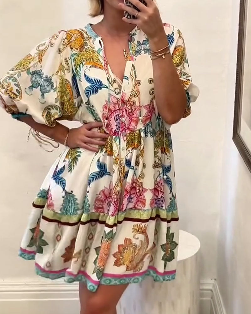 Bohemian V-Neck Printed Babydoll Dress