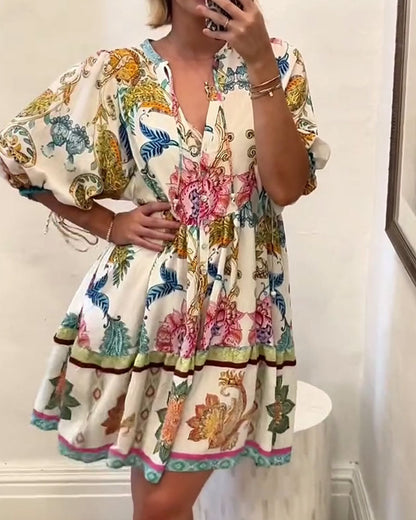Bohemian V-Neck Printed Babydoll Dress
