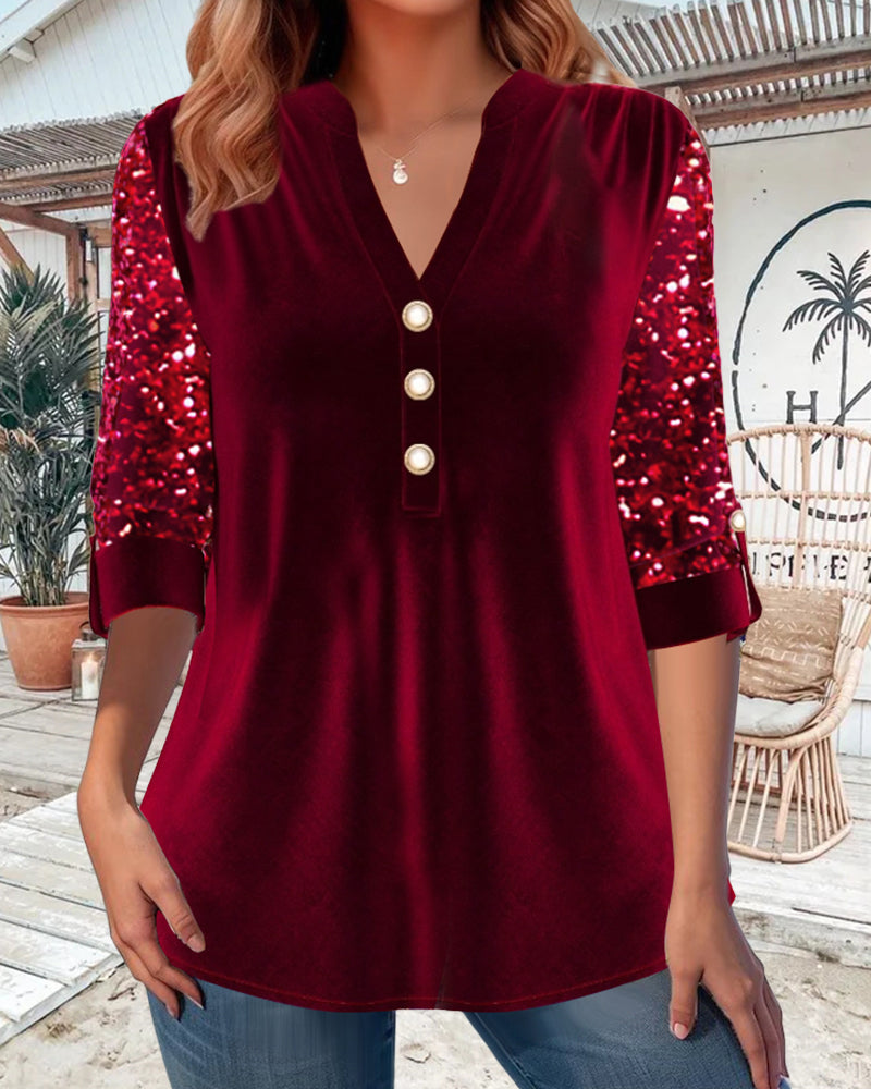 V-neck button sequined elegant top 2024 f/w blouses & shirts christmas