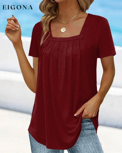 Square neck solid color short sleeve t-shirt Burgundy 23BF clothes Short Sleeve Tops Summer T-shirts Tops/Blouses