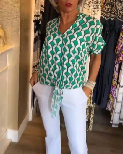 Short-sleeved V-neck printed casual top Green blouses & shirts spring summer