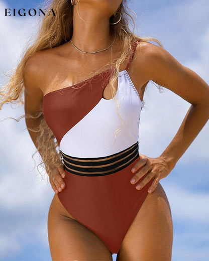 Color Block One Shoulder One-piece Swimsuit Burgundy 23BF Clothes One-Piece Summer Swimwear