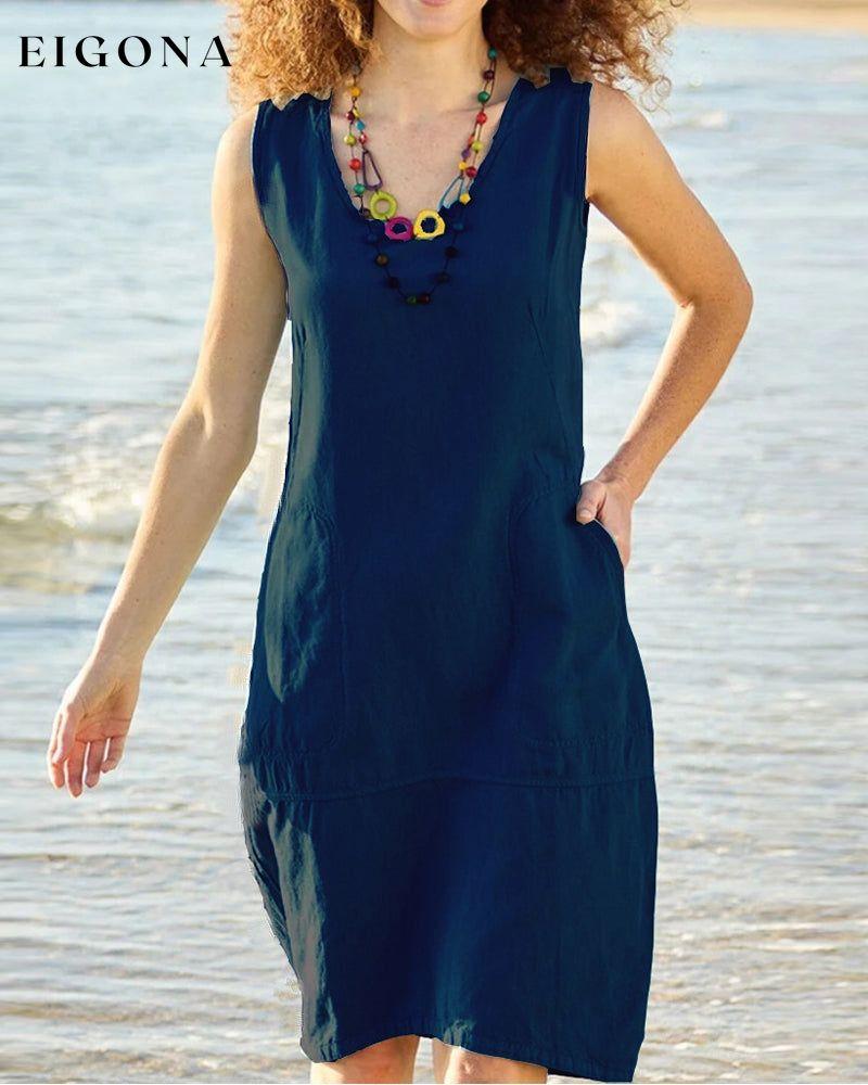 U-neck sleeveless pocket dress Dark blue 23BF Casual Dresses Clothes Dresses Summer