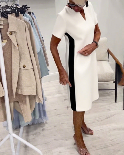 Short-Sleeved Contrast Color Straight Dress