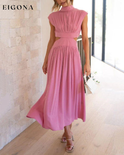 Stand collar off waist solid color long dress Pink 23BF Casual Dresses Clothes Dresses Summer