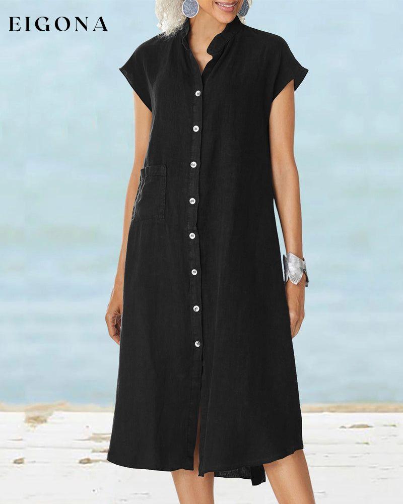 Stand collar single breasted pocket dress Black 23BF Casual Dresses Clothes Dresses Summer