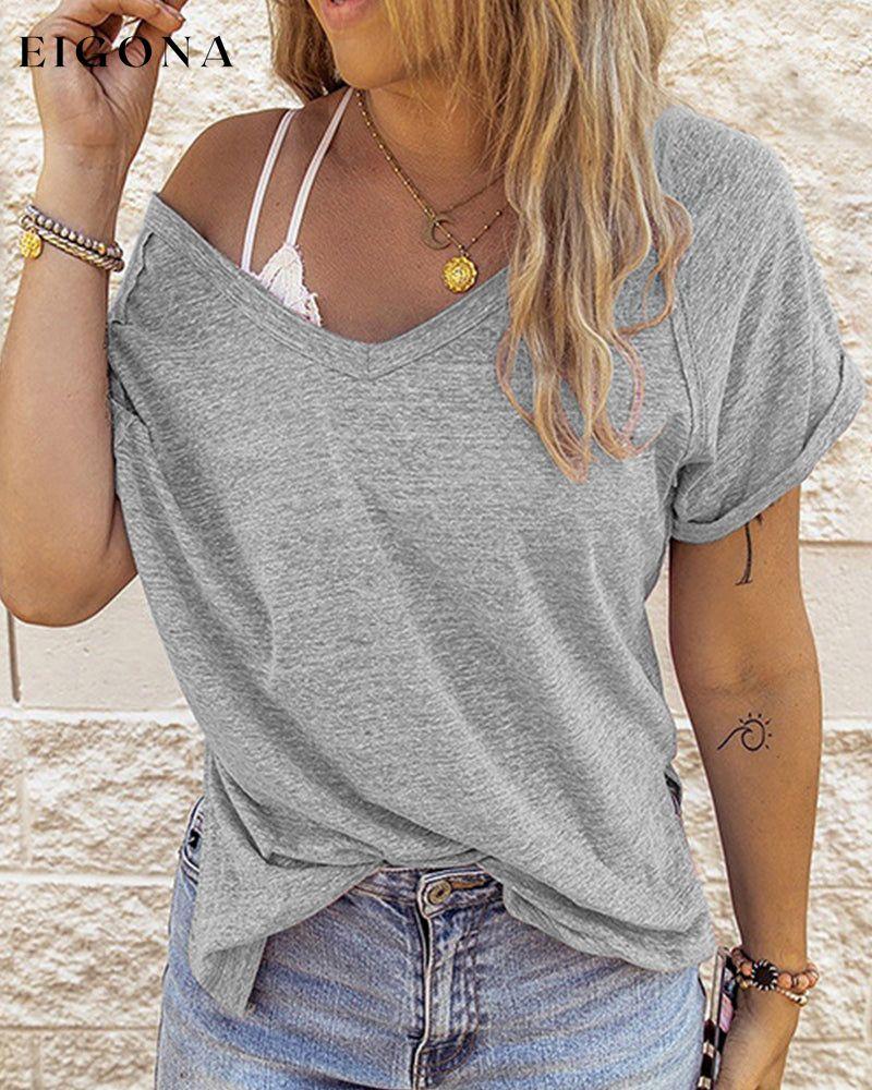Solid color V-neck t-shirt Gray 23BF clothes Short Sleeve Tops Summer T-shirts Tops/Blouses