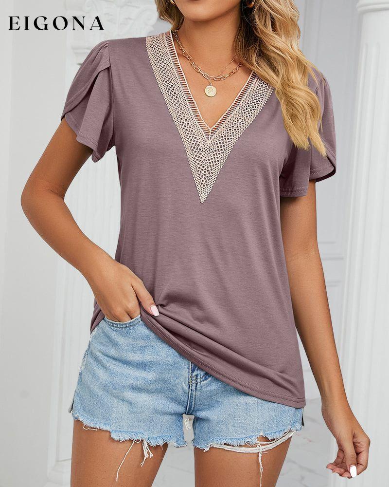 Solid Color T-Shirt with Ruffle Sleeves Purple 23BF clothes Short Sleeve Tops Spring Summer T-shirts Tops/Blouses